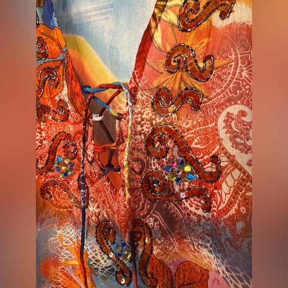 Fashion Fuse Orange and Blue Graphic Tie Front Blouse Beach Coverup Sheer - Picture 4 of 5